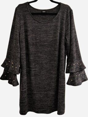 Tacera Charcoal Ruffle Sleeve Knit Tunic Dress | Size 1X